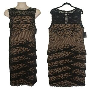 MARINA Floral Black Lace Nude Tan Lined Sleeveless Cocktail Dress 14W NWT